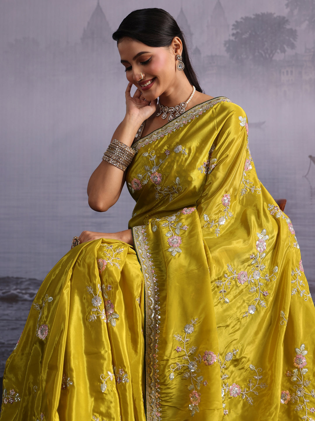 Libas Mustard Floral Sequin Embroidered Satin Saree