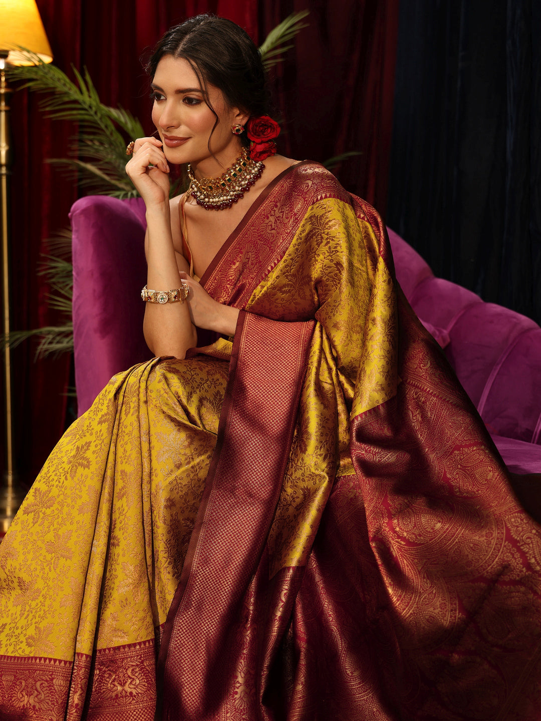 Libas Mustard Floral Woven Design Silk Blend Saree