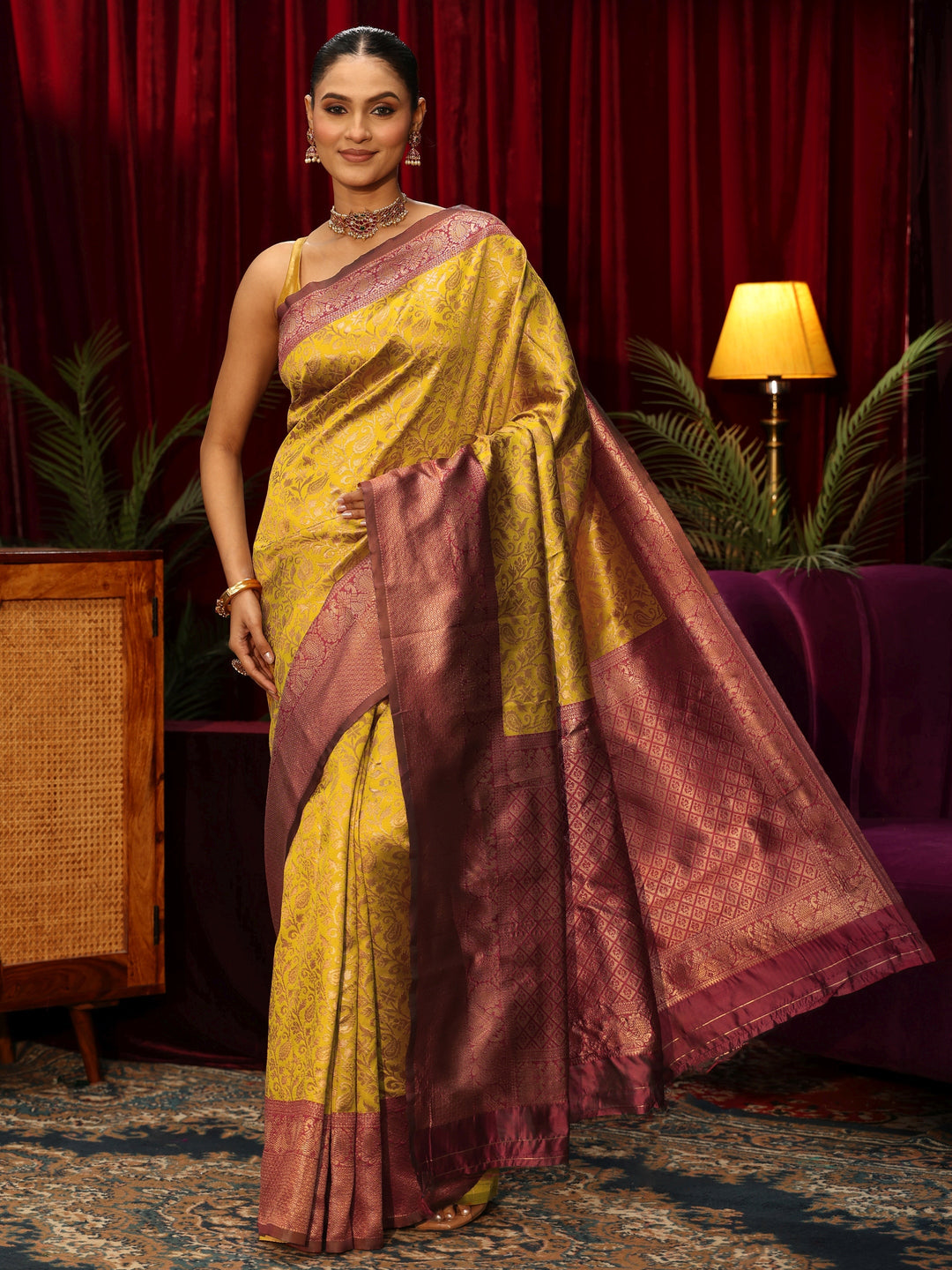 Libas Mustard Floral Woven Design Silk Blend Saree
