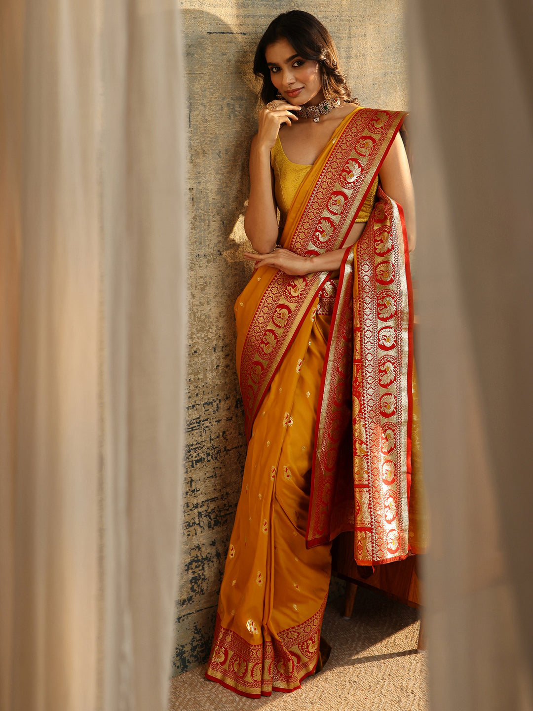 Libas Mustard Floral Woven Silk Blend Saree