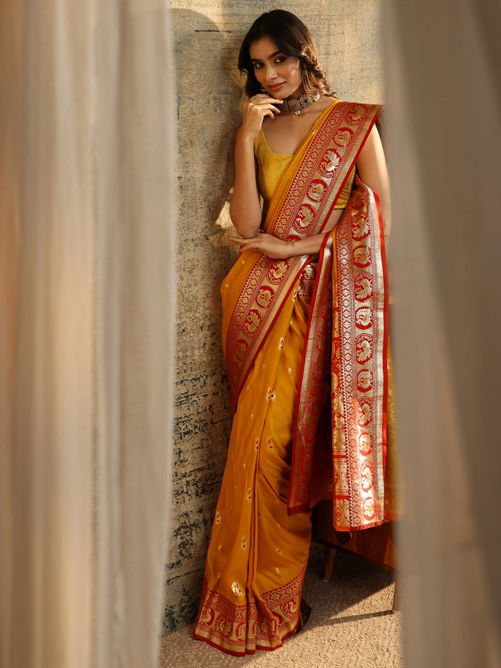Libas Mustard Floral Woven Silk Blend Saree