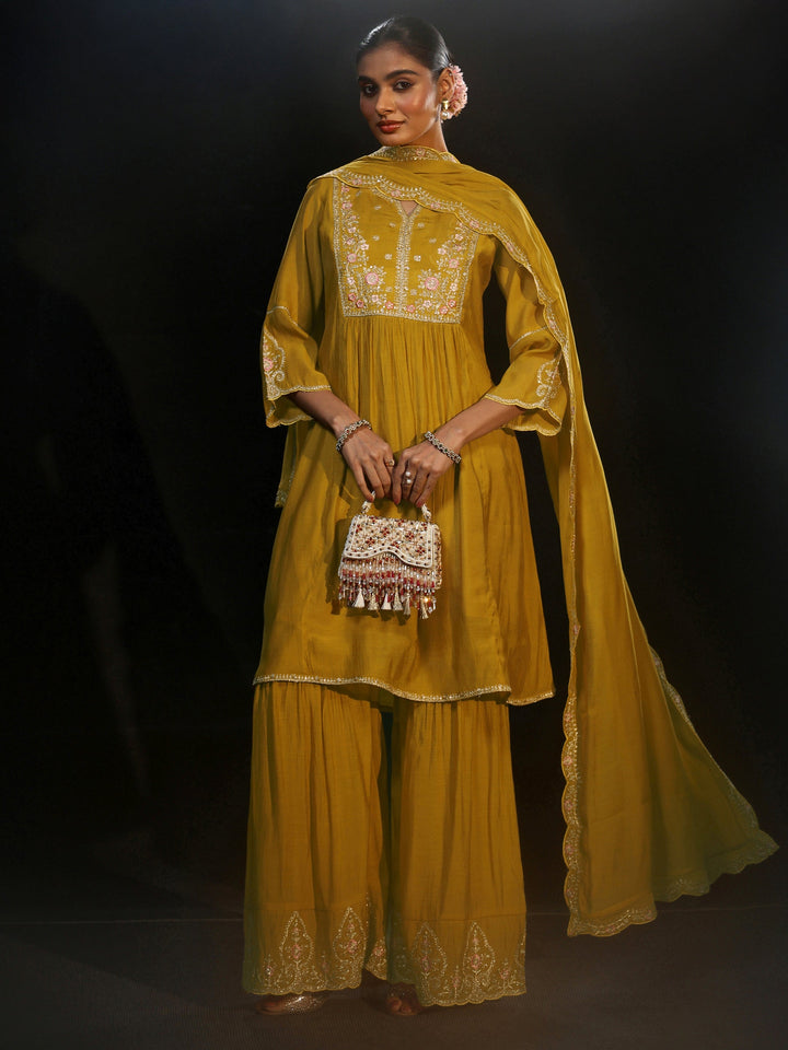 Libas Mustard Floral Yoke Chanderi Cotton Sharara Suit Set