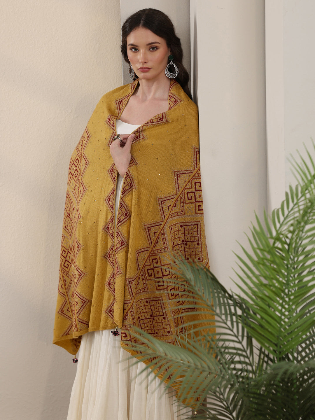 Libas Mustard Geometric Knitted Acrylic Wrap Shawl