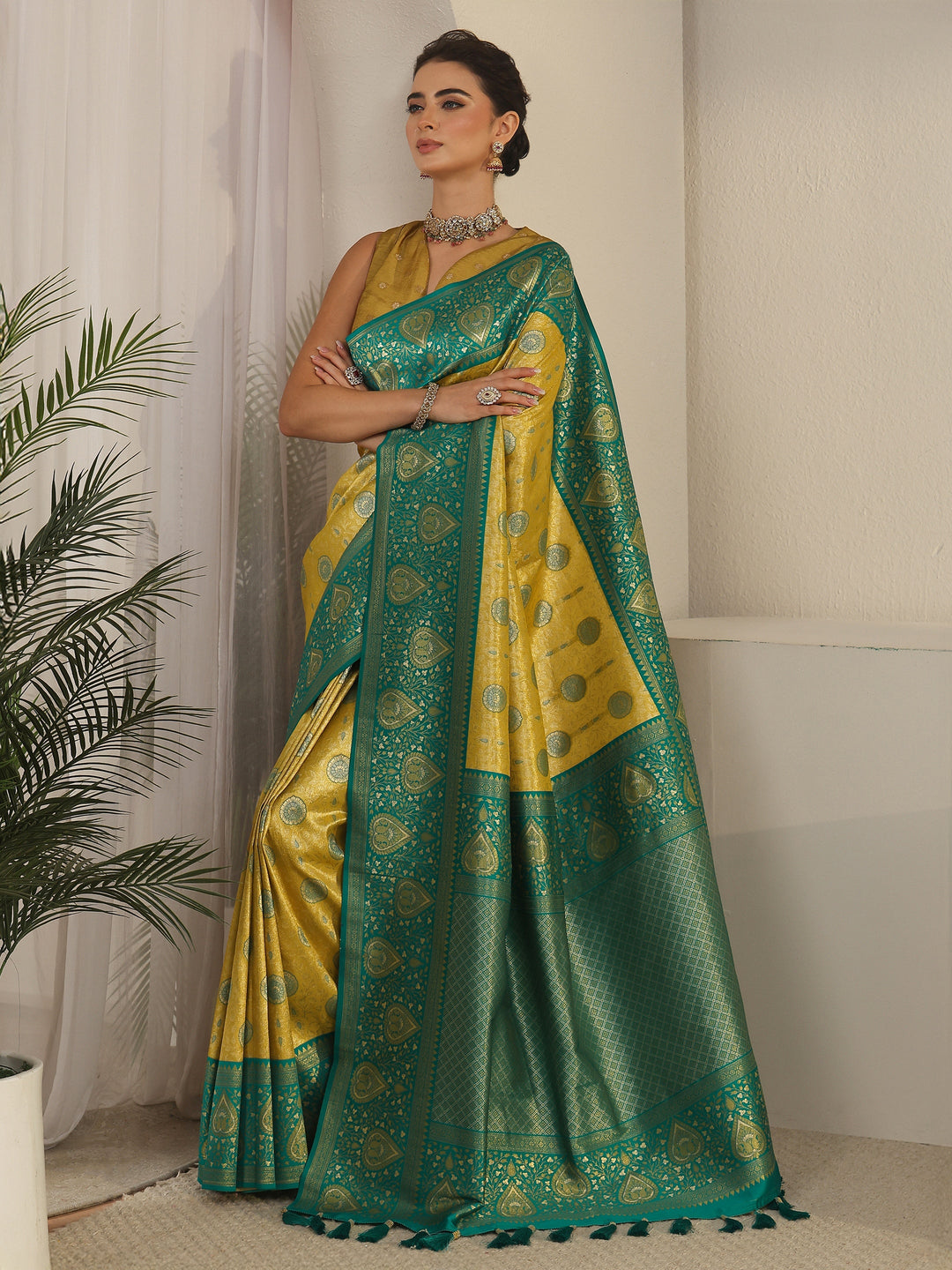 Libas Mustard Leaf Woven Design Brocade Saree