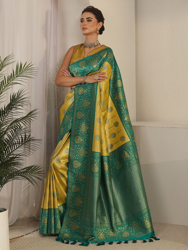 Libas Mustard Leaf Woven Design Brocade Saree