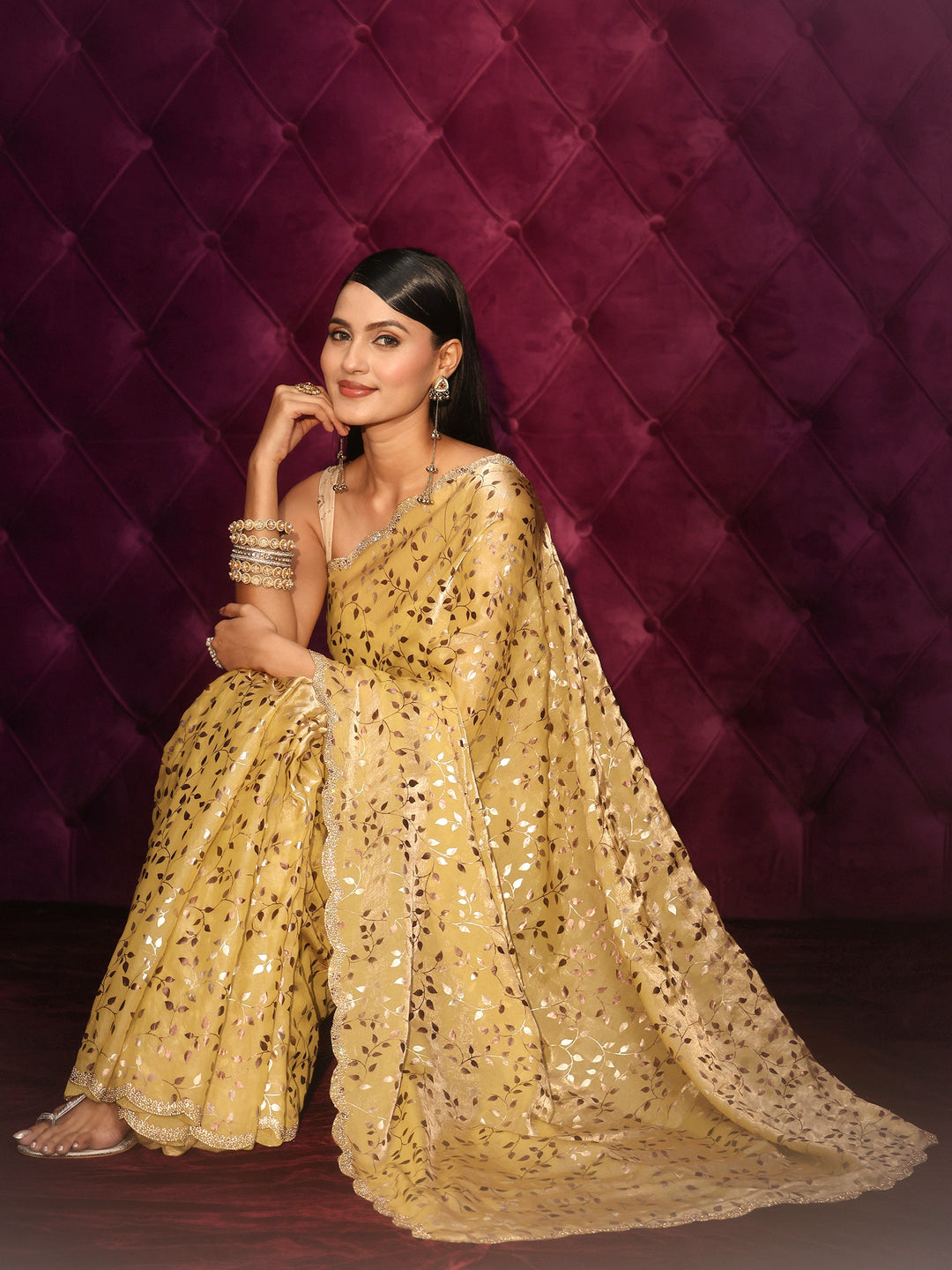 Libas Mustard Leafy Foil Printed Tissue Saree with Embellished Scalloped Border