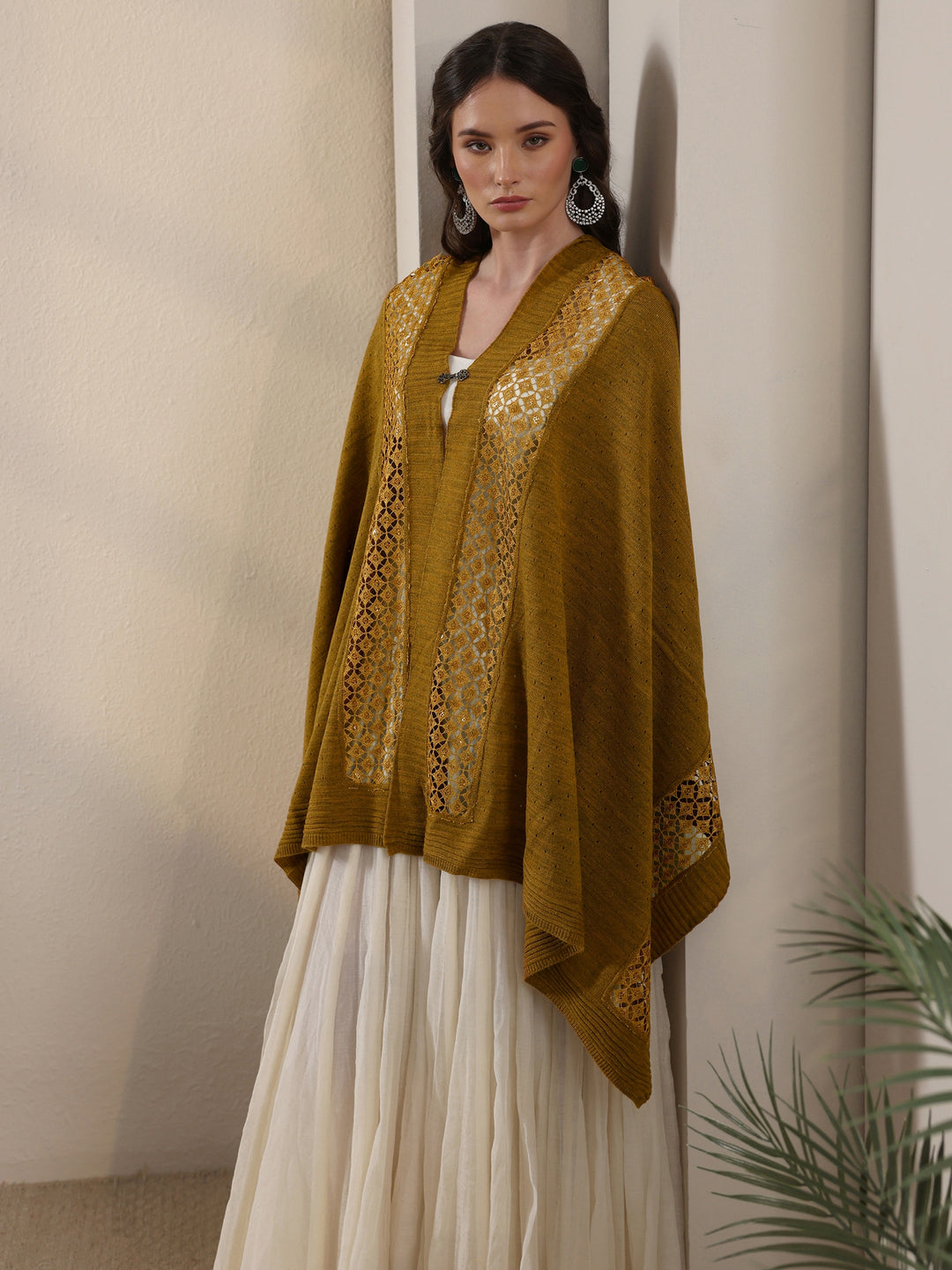 Libas Mustard Mesh Knitted Acrylic Wrap Shawl