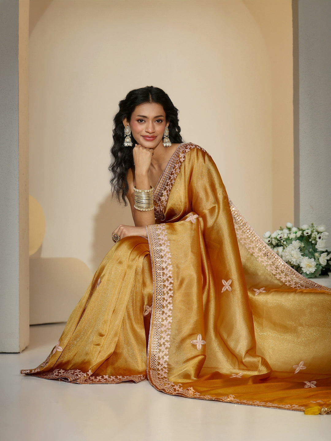 Libas Mustard Mirror Work Embellished Tissue Saree