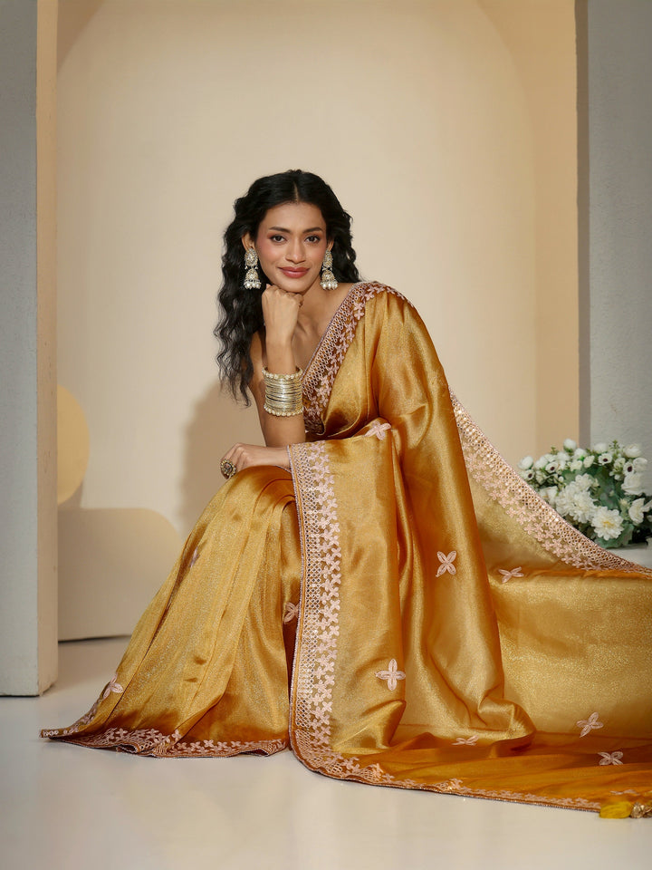 Libas Mustard Mirror Work Embellished Tissue Saree