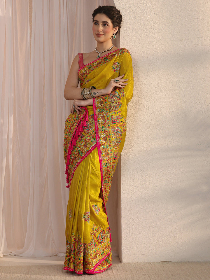Libas Mustard Mughal Embroidered Satin Tassel Saree