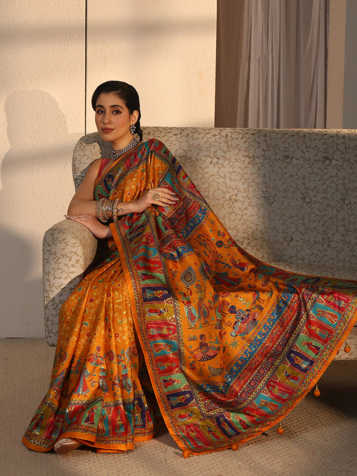 Libas Mustard Mughal Printed Silk Blend Saree