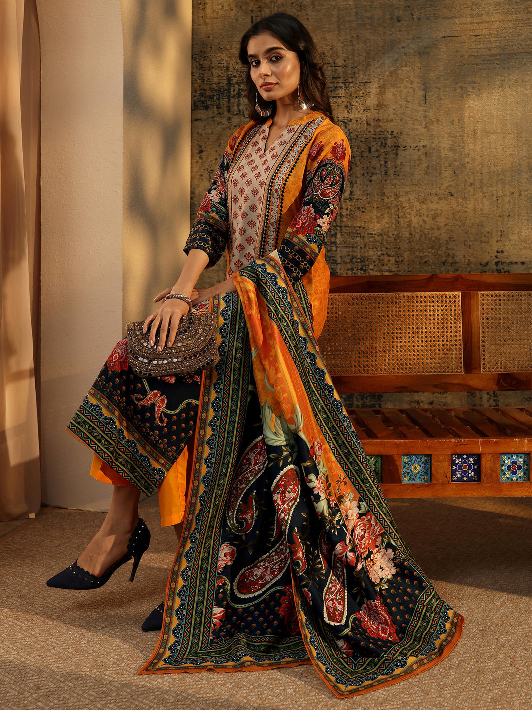 Libas Mustard Multi Print Straight Muslin Suit Set