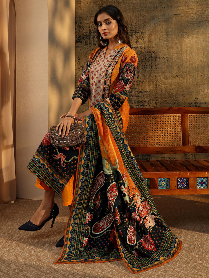 Libas Mustard Multi Print Straight Muslin Suit Set