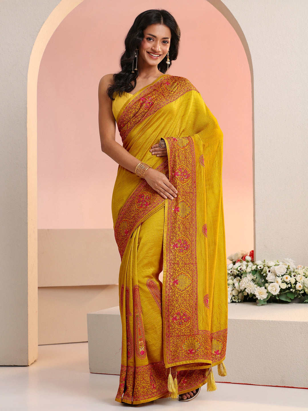 Libas Mustard Paisley Embroidered Silk Blend Saree