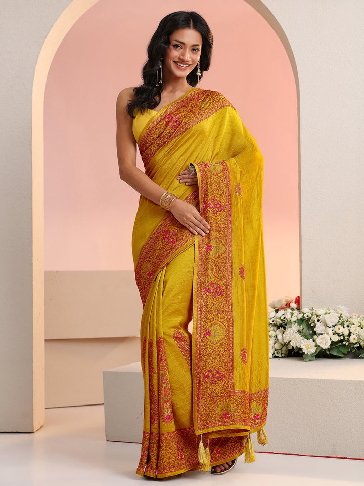 Libas Mustard Paisley Embroidered Silk Blend Saree