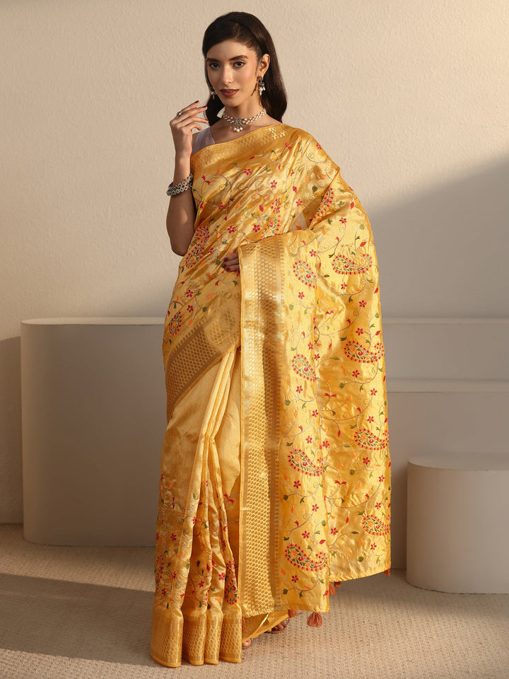 Libas Mustard Paisley Embroidered Silk Blend Tassel Saree