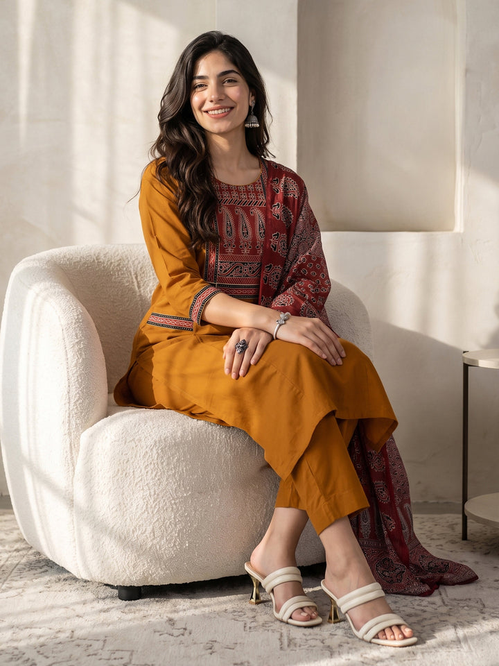 Libas Mustard Paisley Printed Cotton Straight Suit Set