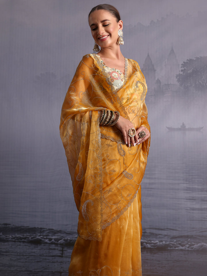 Libas Mustard Paisley Stone Work Embellished Tissue Saree