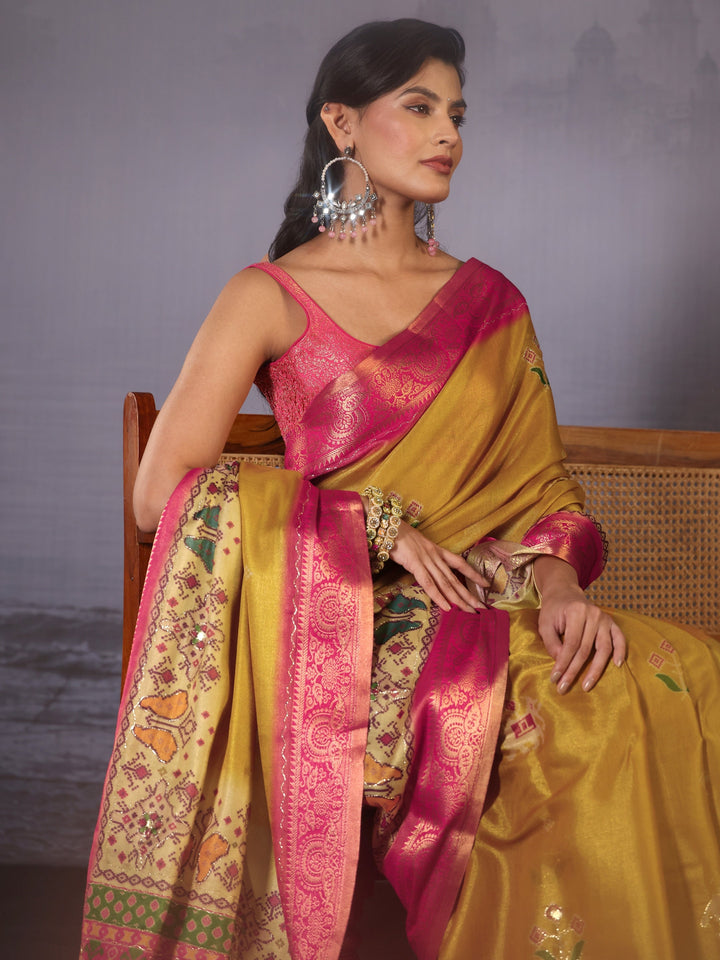 Libas Mustard Patola Print Embellished Silk Blend Tassel Saree