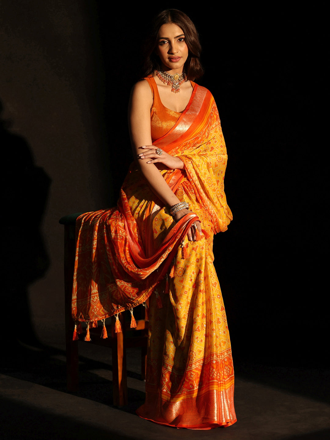 Libas Mustard Patola Printed Chanderi Silk Saree