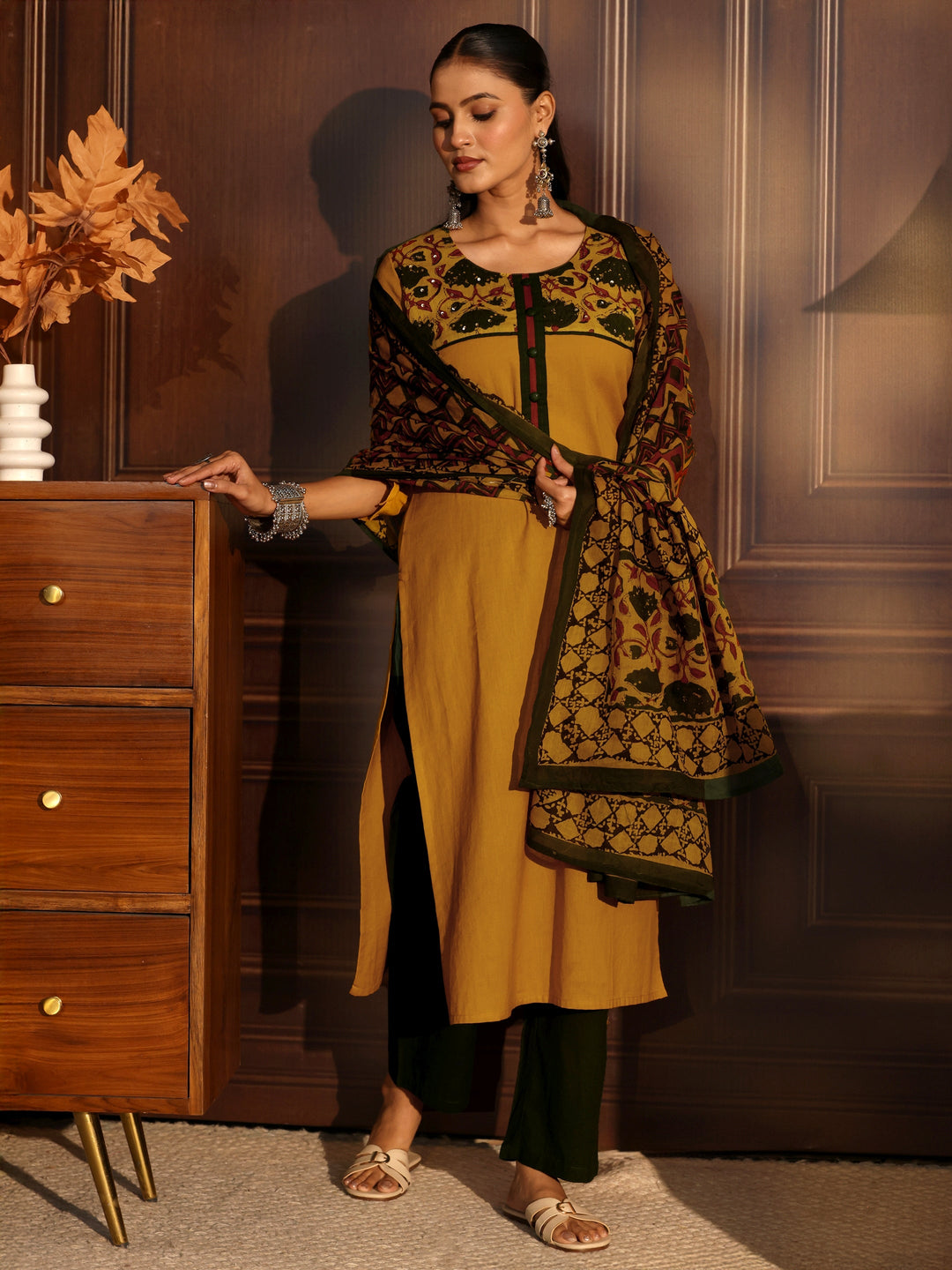 Libas Mustard Printed Cotton Blend Straight Suit Set