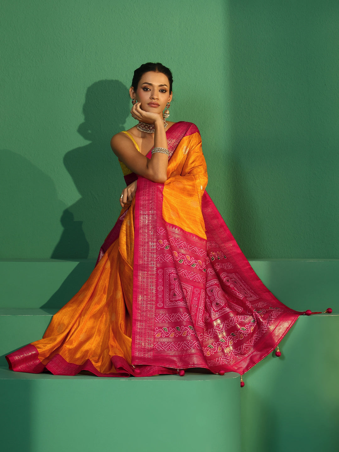 Libas Mustard Printed Silk Blend Saree