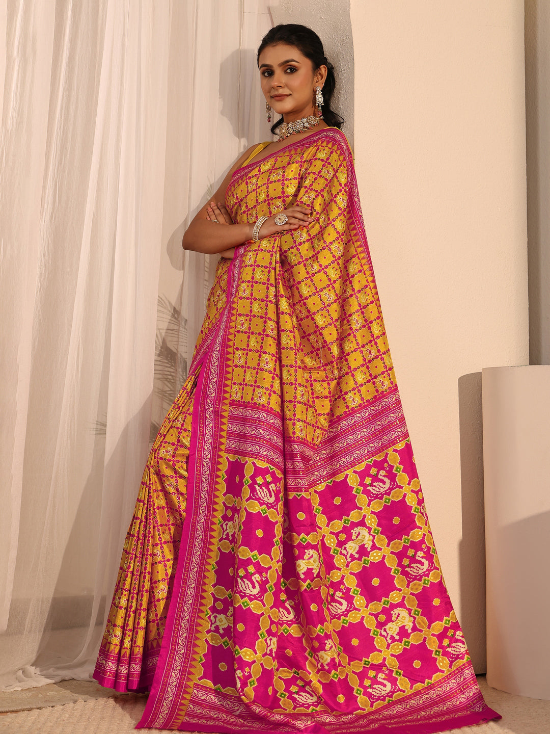 Libas Mustard Printed Silk Blend Saree