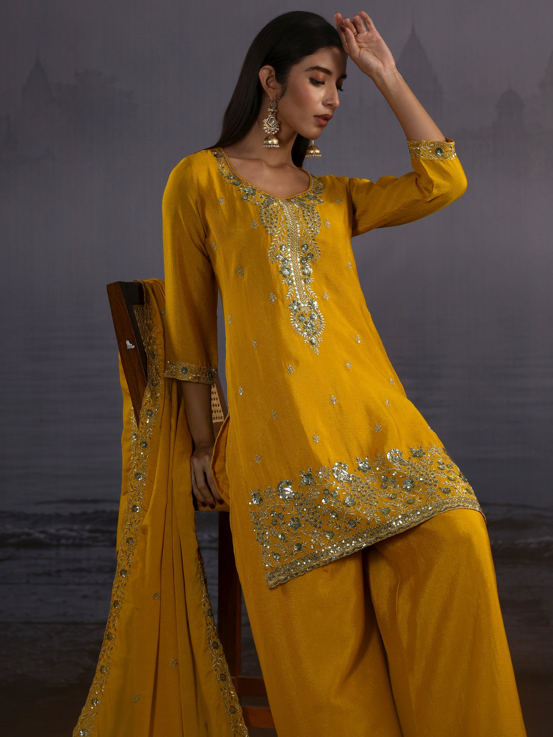 Libas Mustard Sequin Embellished Chinon Palazzo Suit Set
