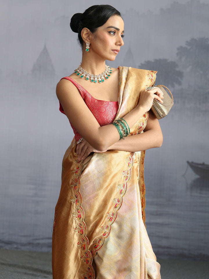 Libas Mustard Silk Blend Saree with Embroidered Border
