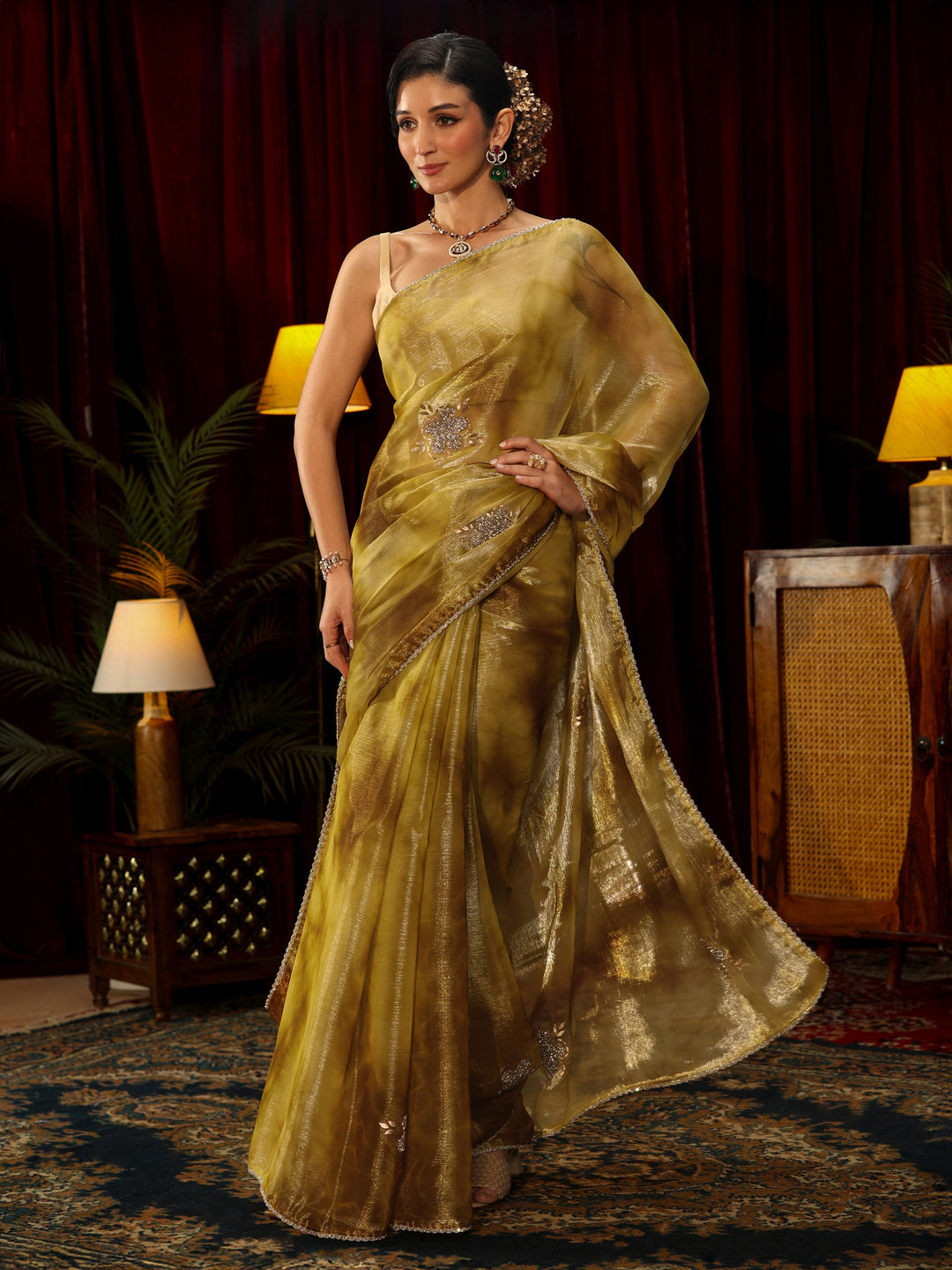 Libas Mustard Stone Work Embellished Tissue Saree
