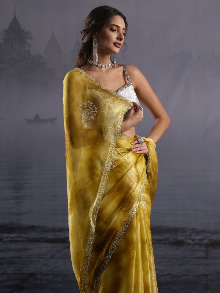 Libas Mustard Stone Work Embellished Tissue Saree