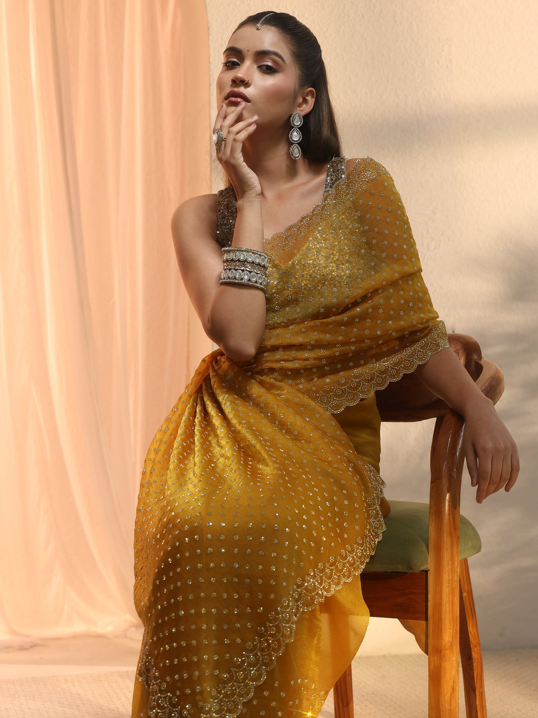 Libas Mustard Stone Work Embellished Tissue Saree with Scalloped Border
