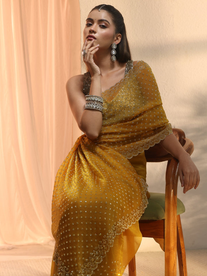 Libas Mustard Stone Work Embellished Tissue Saree with Scalloped Border