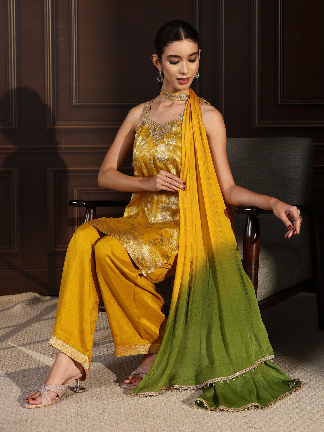Libas Mustard Strappy Floral Embroidered Tissue Palazzo Suit Set