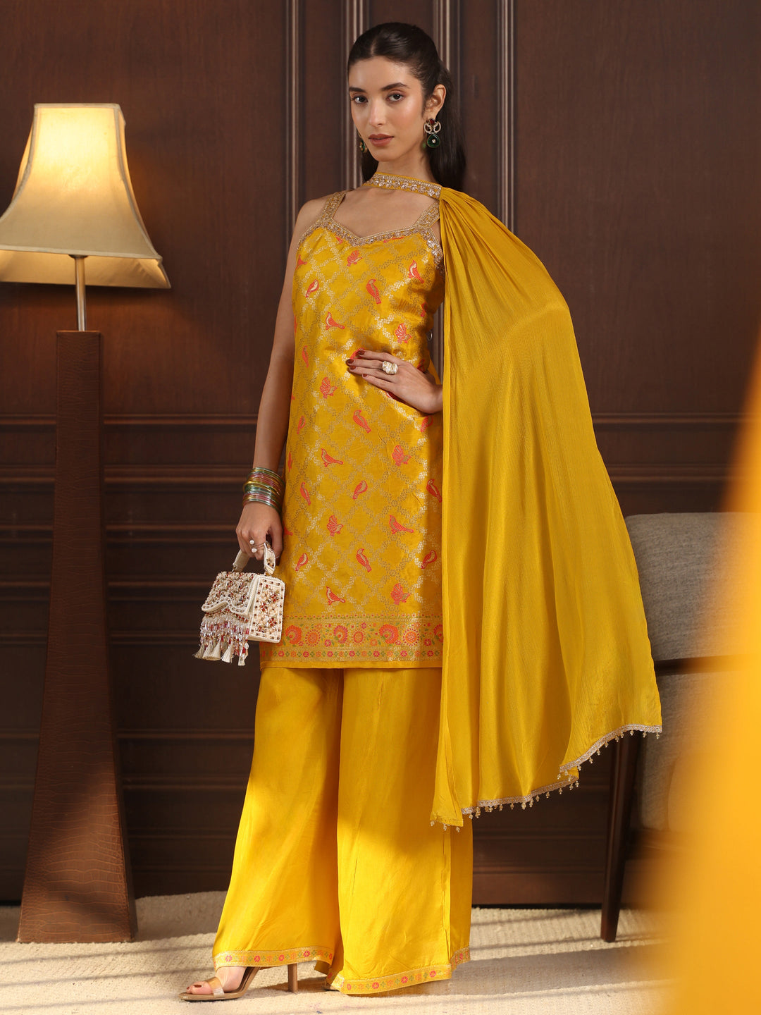 Libas Mustard Strappy Woven Design Silk Blend Palazzo Suit Set