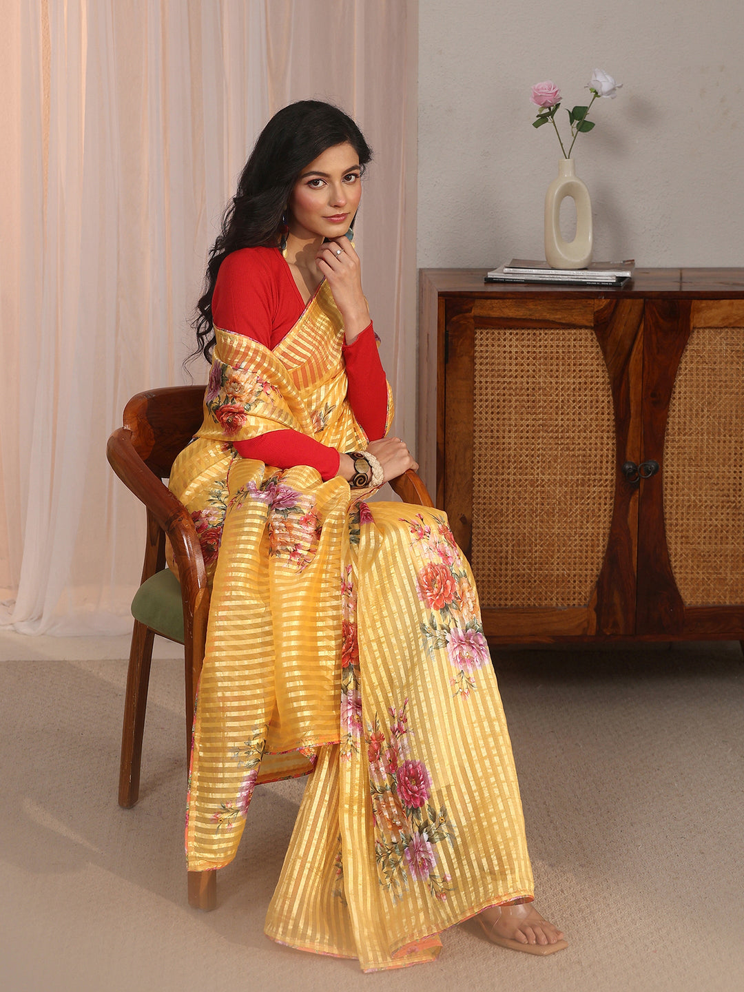 Libas Mustard Striped Floral Printed Organza Saree