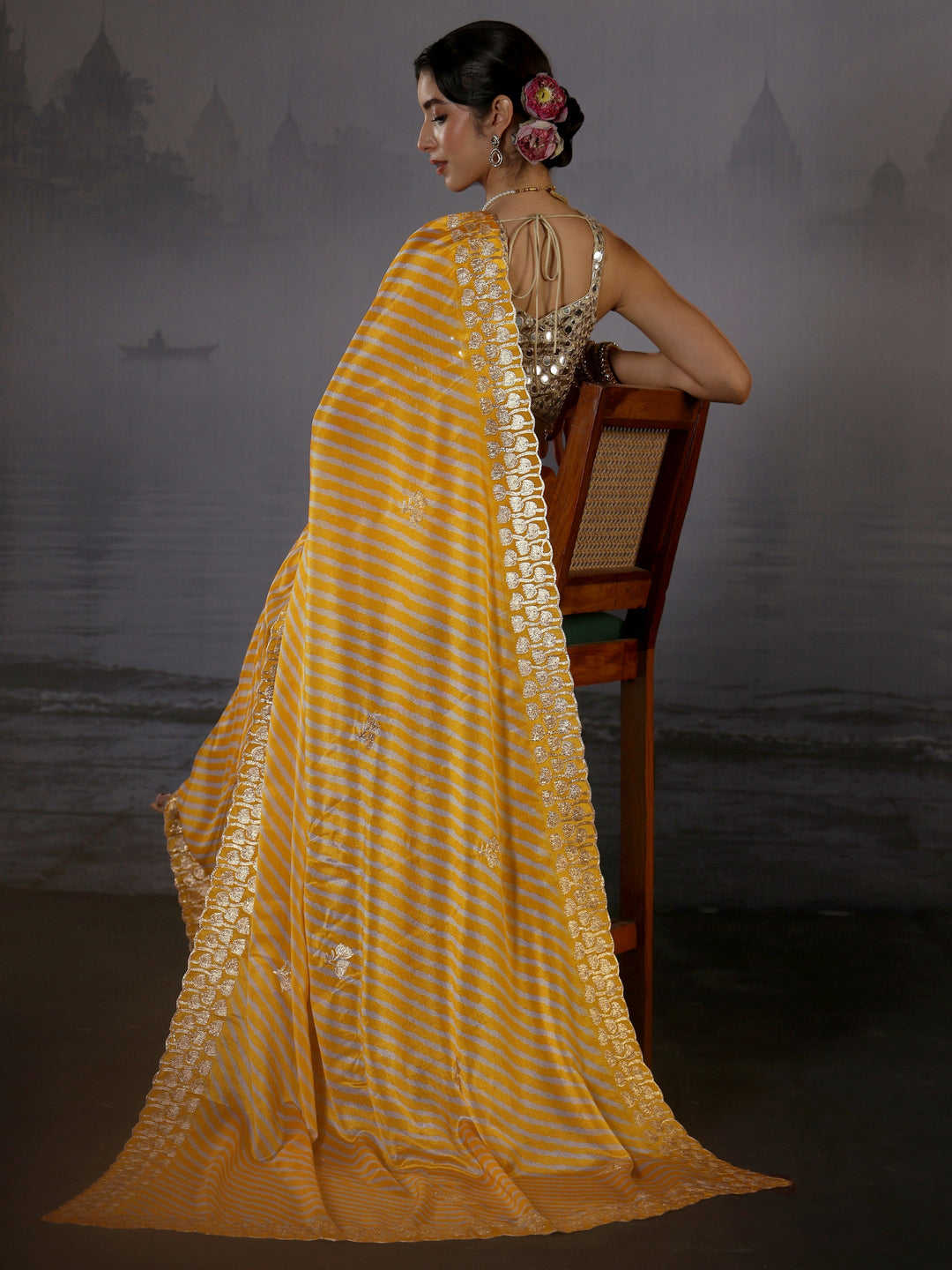 Libas Mustard Striped Printed Satin Saree