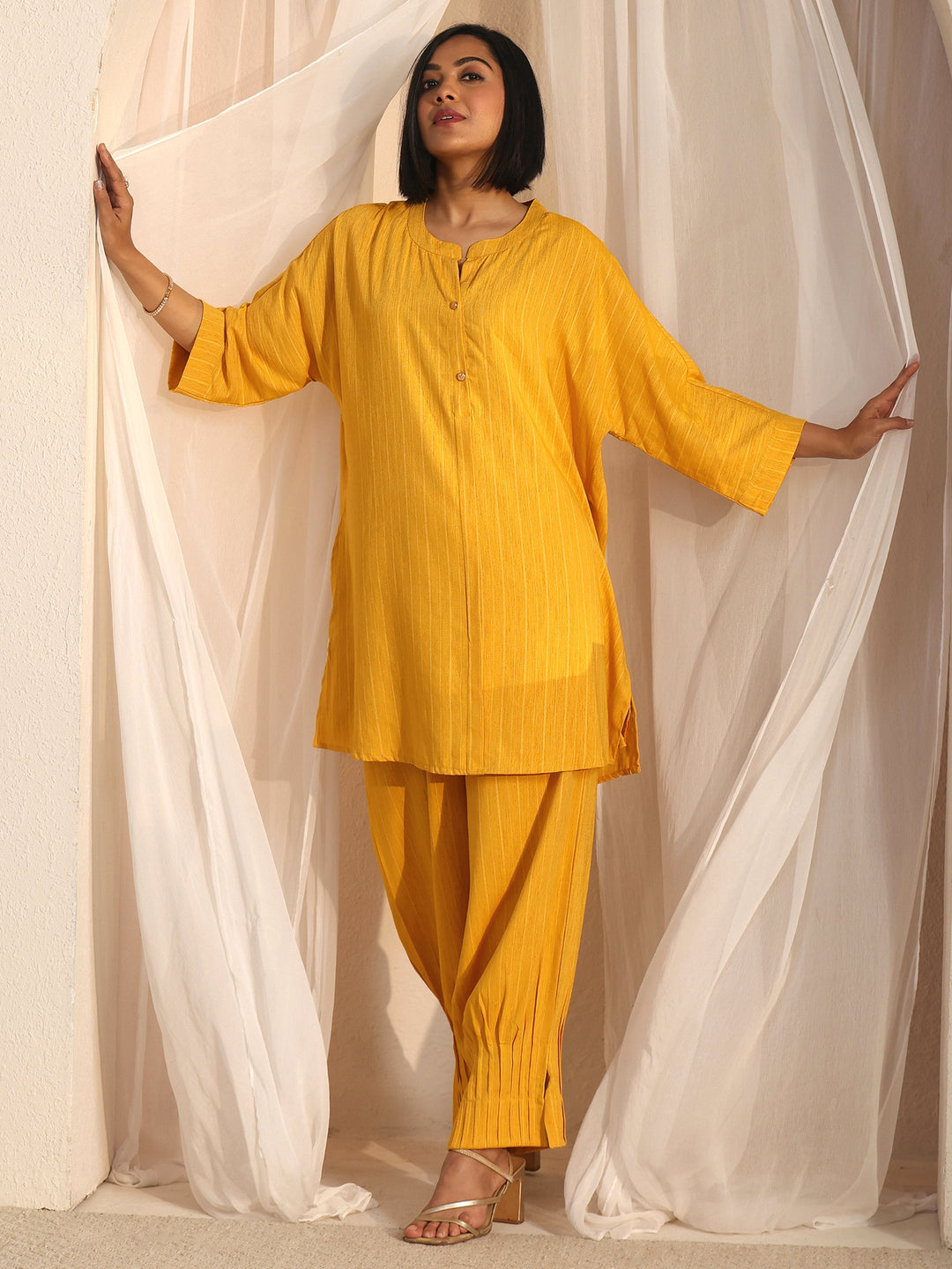 Libas Mustard Striped Woven Design Rayon Co-Ord Set