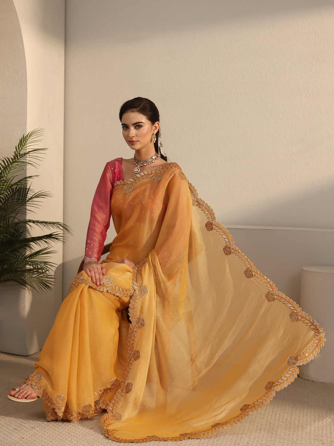 Libas Mustard Tissue Saree with Embellished Scalloped Border