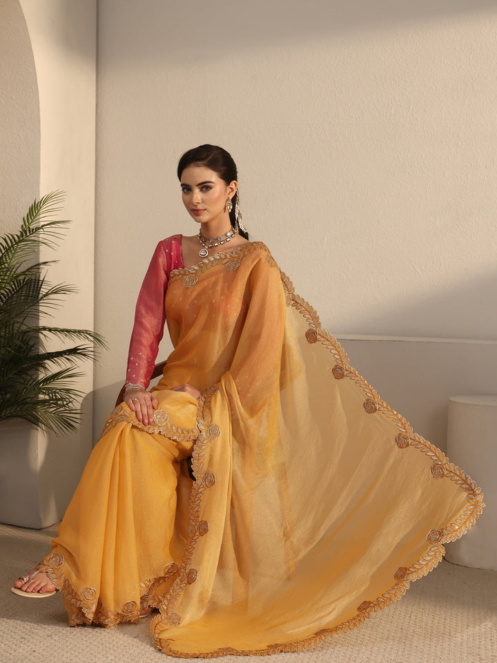 Libas Mustard Tissue Saree with Embellished Scalloped Border