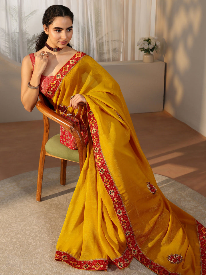 Libas Mustard Tissue Saree with Patola Border