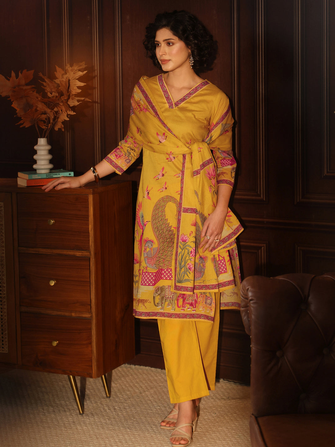 Libas Mustard Tribal Printed Cotton Straight Suit Set