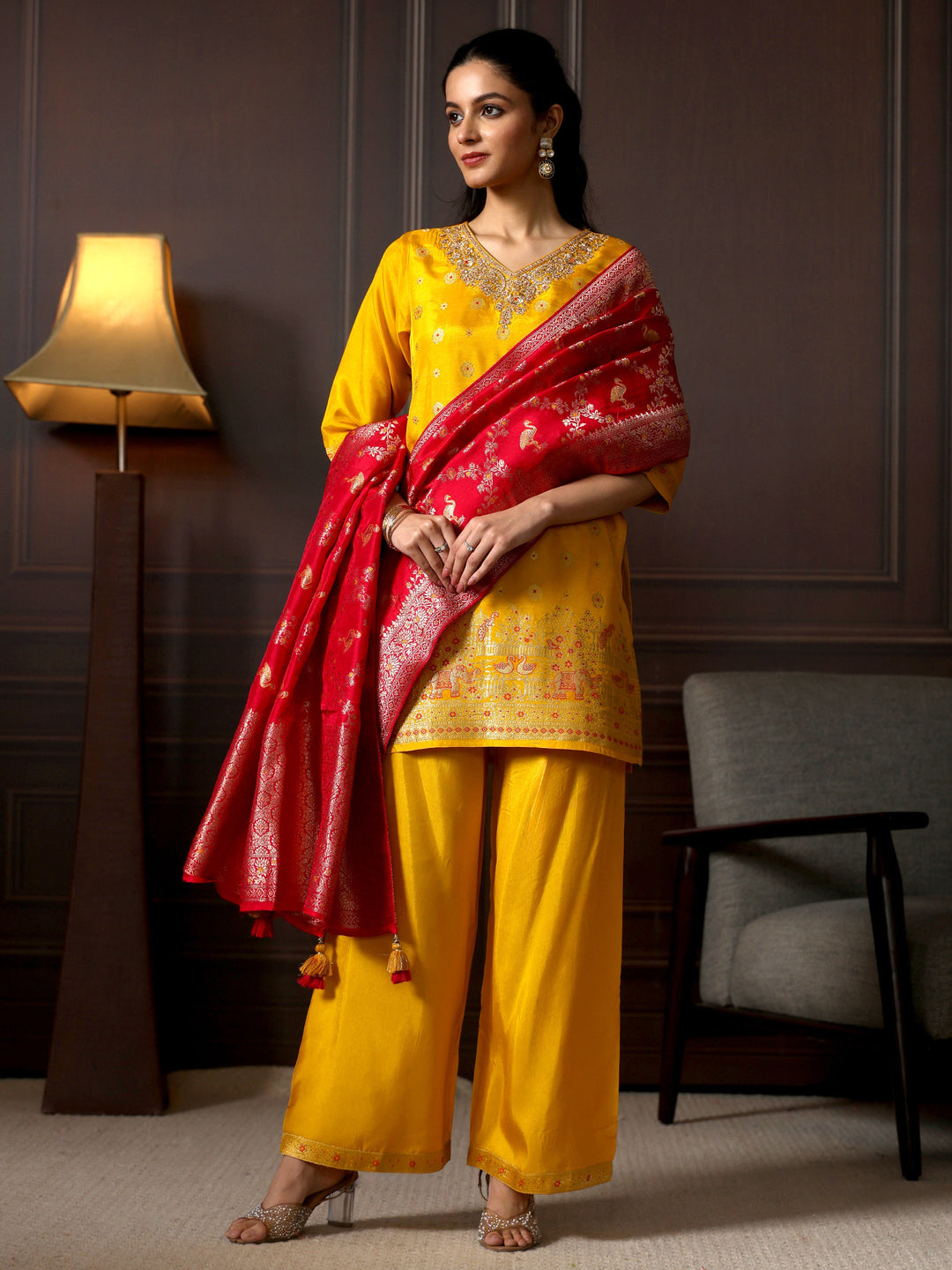 Libas Mustard Woven Design Silk Blend Palazzo Suit Set