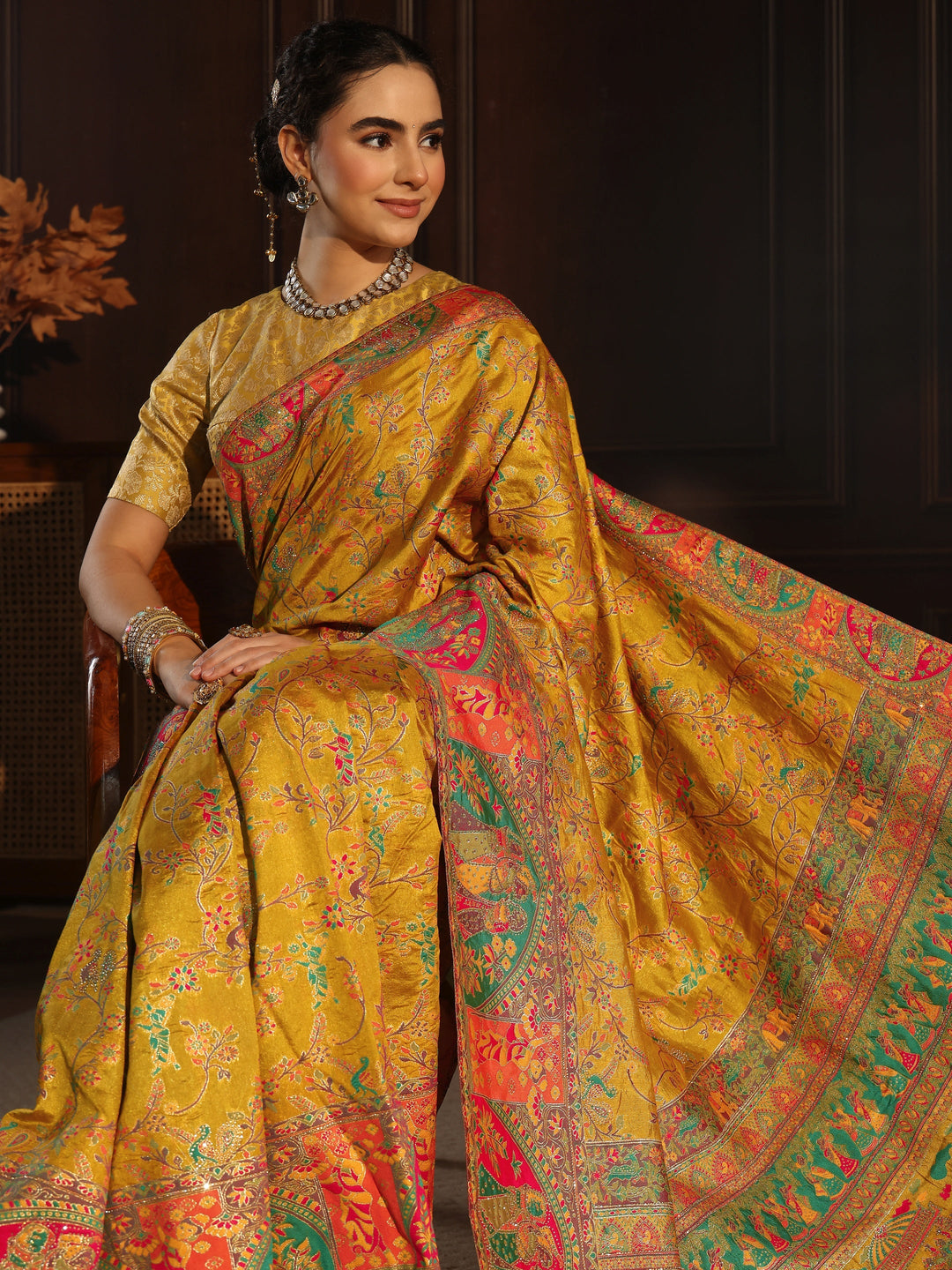 Libas Mustard Woven Design Silk Blend Saree with Embroidered Border