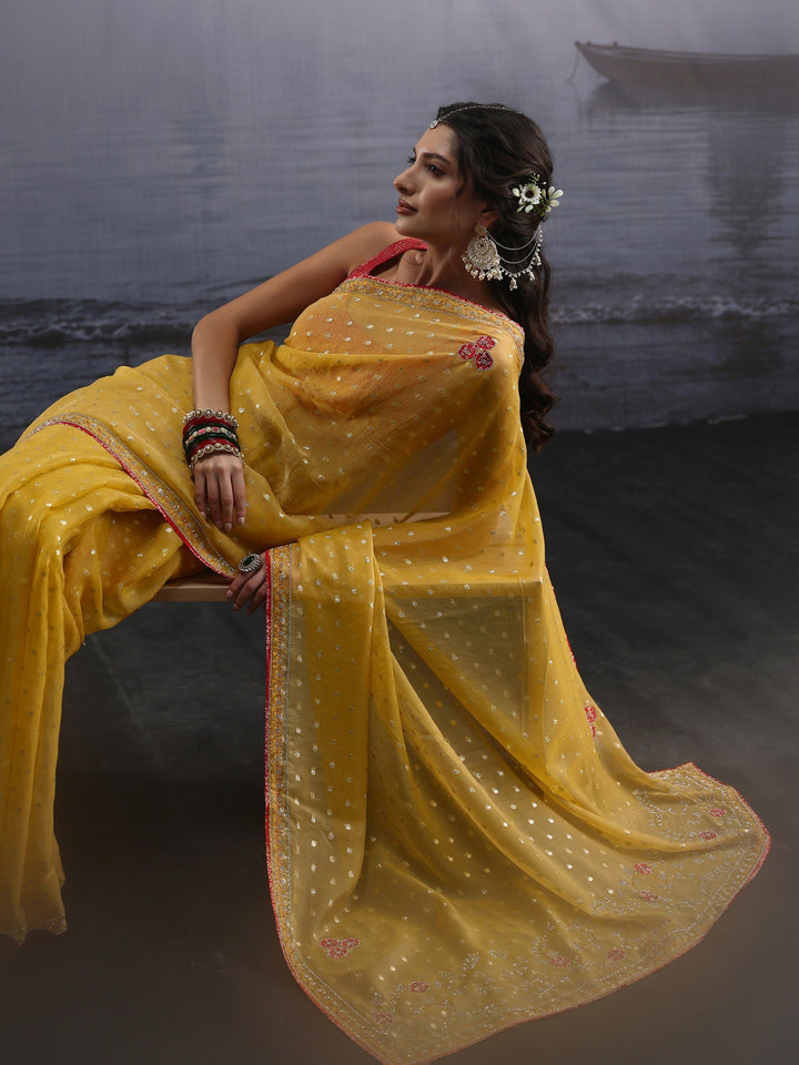 Libas Mustard Woven Design Tissue Saree with Applique Work