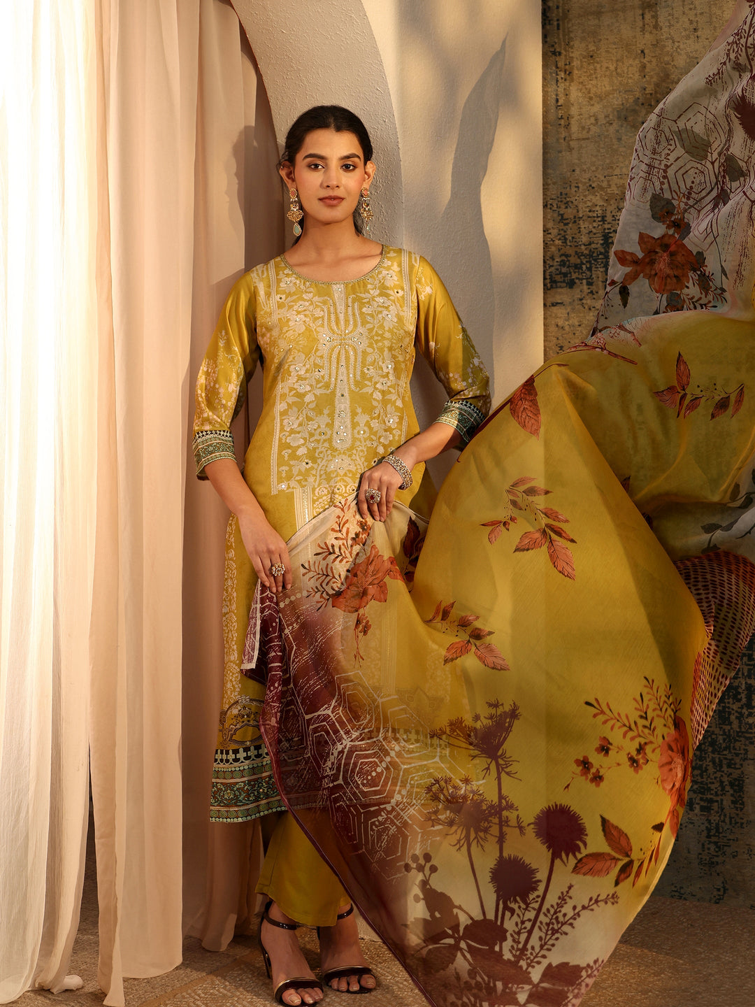 Libas Mustard Yellow Floral Printed Silk Blend Straight Suit Set