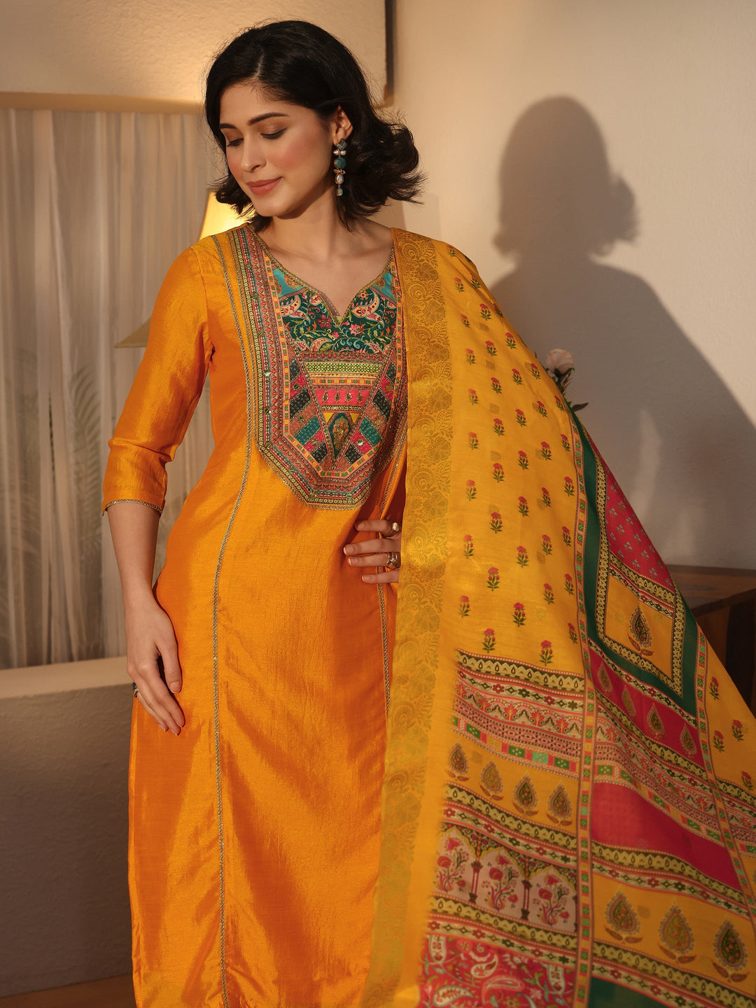Libas Mustard Yoke Design Silk Blend Straight Suit Set