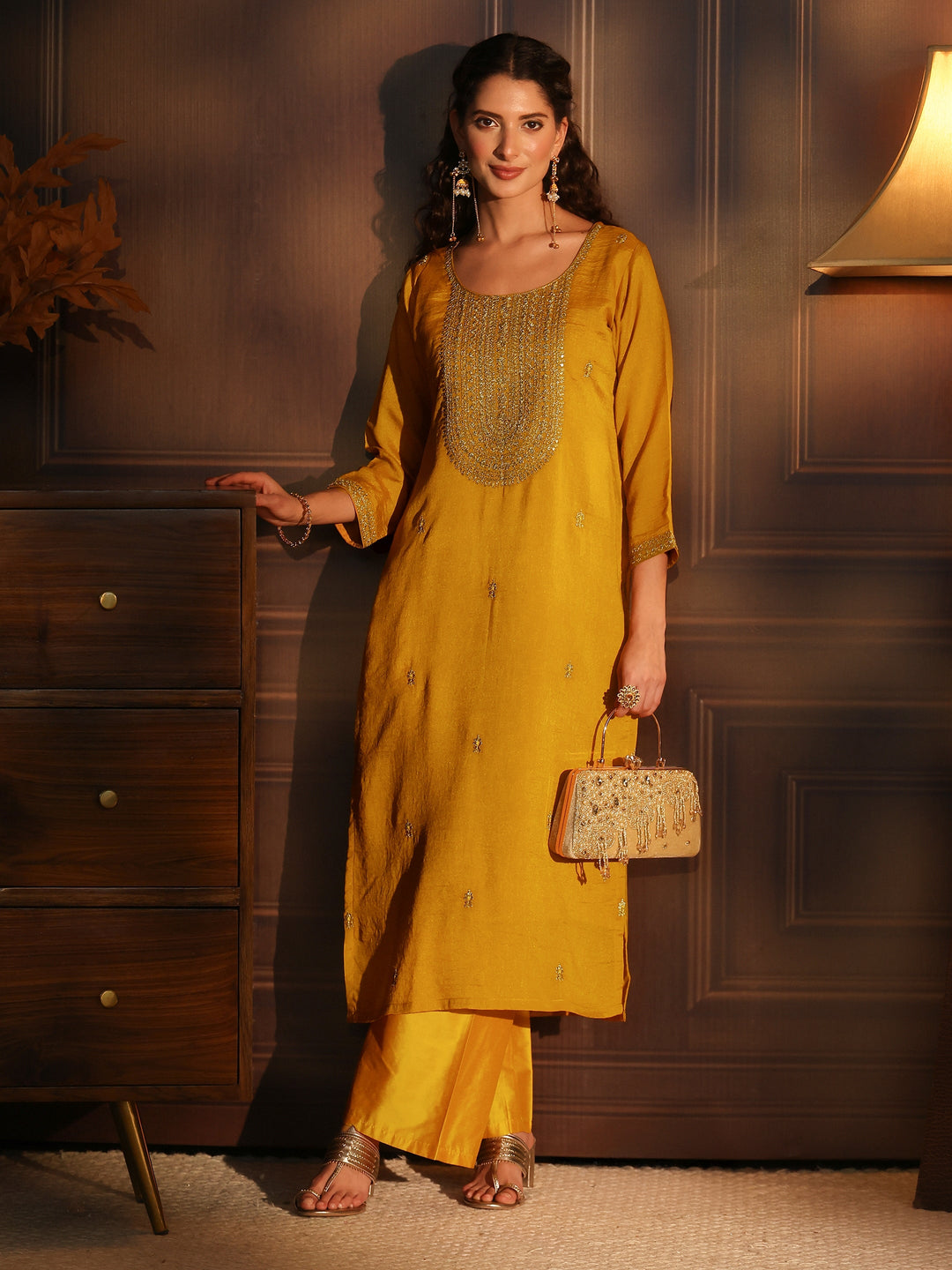 Libas Mustard Yoke Embroidered Silk Blend Straight Kurta