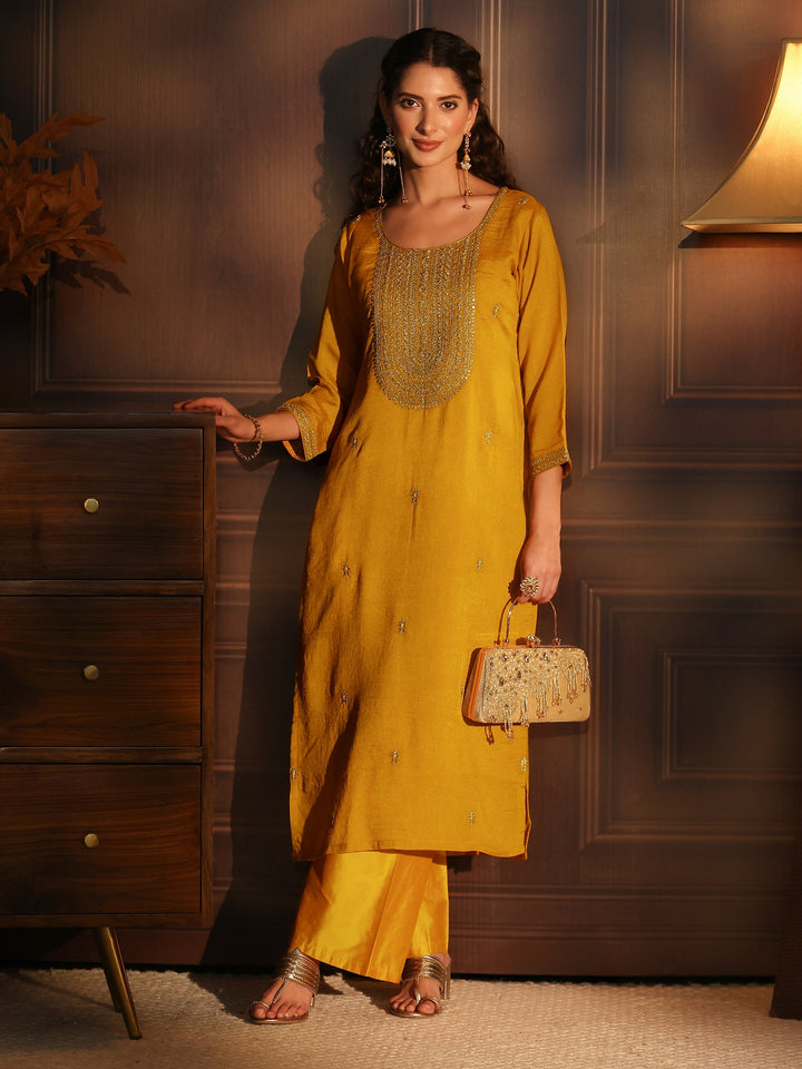 Libas Mustard Yoke Embroidered Silk Blend Straight Kurta