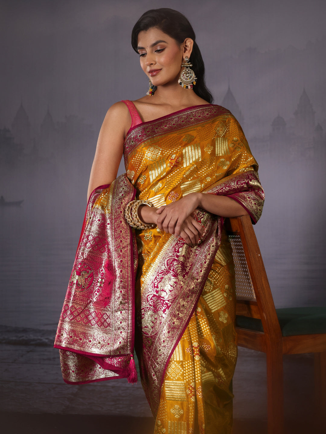 Libas Mustard Zari Woven Design Embellished Satin Saree
